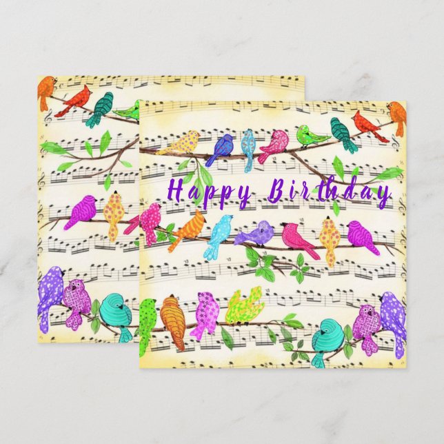Happy Birthday Card farbenfrohe Musik Birds Song (Vorne/Hinten)