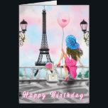 Happy Birthday Card Frau in Paris Eiffelturm<br><div class="desc">Happy Birthday Cards - Hübsche Frau und rosa Herzballon - I Liebe Paris - Eiffelturm Romantischer Zeichn - Wählen / Fügen Sie Ihren einzigartigen Text / Schriftart / Farbe - Make Your Special Gift - Umgestalten und verschieben oder entfernen und fügen Sie Elemente - Bild / Text mit Anpassungstool !...</div>