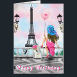 Happy Birthday Card Frau in Paris Eiffelturm<br><div class="desc">Happy Birthday Cards - Hübsche Frau und rosa Herzballon - I Liebe Paris - Eiffelturm Romantischer Zeichn - Wählen / Fügen Sie Ihren einzigartigen Text / Schriftart / Farbe - Make Your Special Gift - Umgestalten und verschieben oder entfernen und fügen Sie Elemente - Bild / Text mit Anpassungstool !...</div>