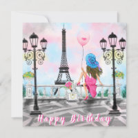 Happy Birthday Card Frau mit Pink Balloon