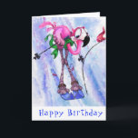 Happy Birthday Card Funny Pink Flamingo Skier Karte<br><div class="desc">Glücklich zum Geburtstag - Funny Pink Flamingo Skier - Cartoon Zeichnend Comic Spaß glücklicher Vogel - Wählen / Fügen Sie Ihren einzigartigen Text / Name / Farbe - Make your Special Card - Neu vergrössern und verschieben oder entfernen und fügen Sie Elemente / Bild mit Anpassungs-Tool! - Zeichn und Design...</div>