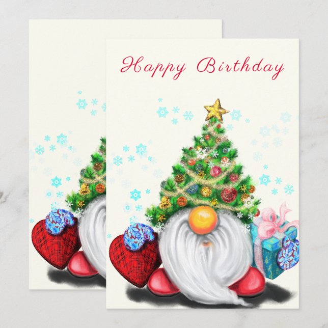 Happy Birthday Card Gnome mit Weihnachtsbaumhut (Vorne/Hinten)