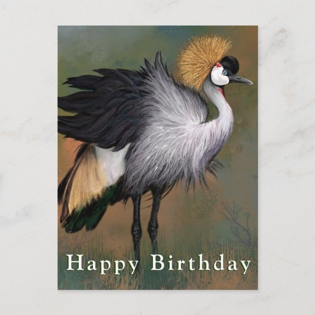 Happy Birthday Card Gray Crowned Crane Bird Postkarte (Vorderseite)