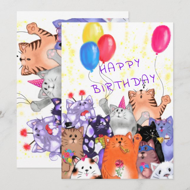 Happy Birthday Card Happy Cat Party Celebration (Vorne/Hinten)