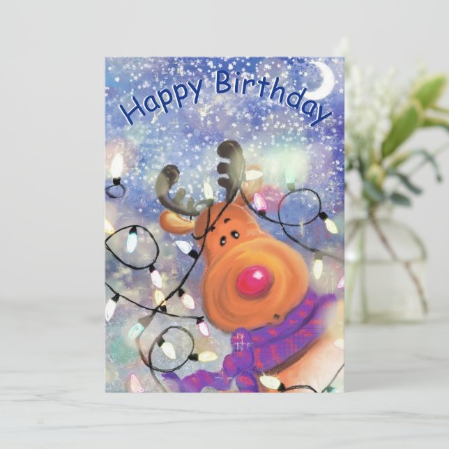 Happy Birthday Card Happy Rentier - Weihnachten Karte (Stehend Vorderseite)