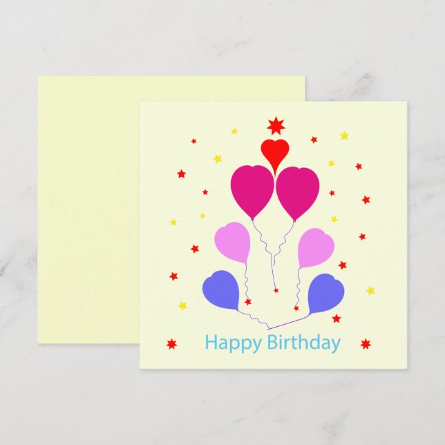 Happy Birthday Card Herz Shaped Balloons Stars (Vorne/Hinten)