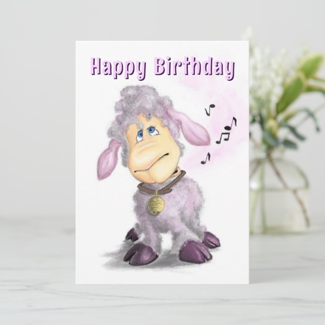 Happy Birthday Card Kleines Lamm mit Glocke (Stehend Vorderseite)
