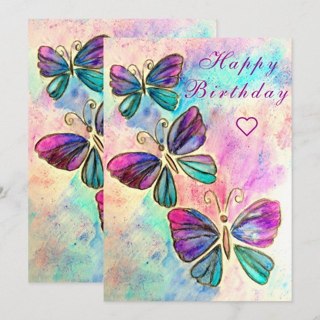 Happy Birthday Card mit bunten Schmetterlingen (Vorne/Hinten)