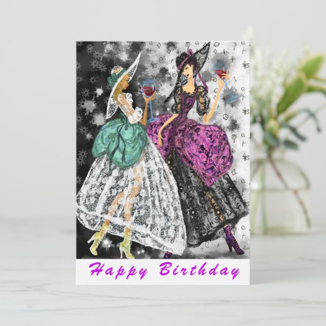 Happy Birthday Card mit Fashion Ladys (Stehend Vorderseite)