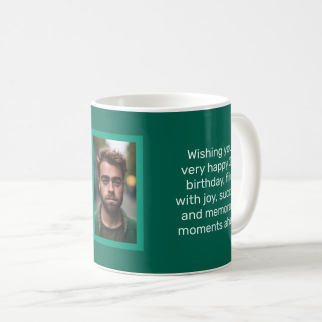 Happy Birthday Card mit Foto auf einer Tasse grün (VorderseiteRechts)