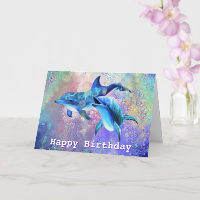 Happy Birthday Card mit Happy Dolphin Couple Karte (Orchidee)