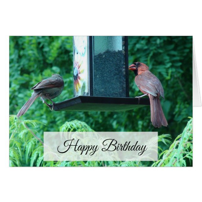 Happy Birthday Card mit Kardinälen und Eichhörnche (Vorderseite (Horizontal))