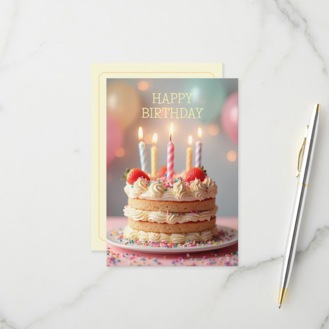 Happy Birthday Card mit Kuchen RSVP Karte (Vorderseite/Rückseite Beispiel)