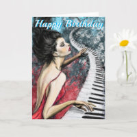 Happy Birthday Card mit Piano Lady in Red