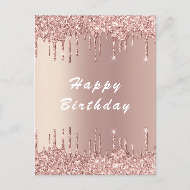 Happy Birthday Card Rose Gold Blush Glitzer Tropfe Postkarte (Vorderseite)