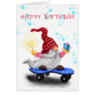 Happy Birthday Card Skater Gnome mit Geschenken