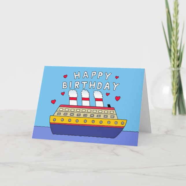 Happy Birthday Cartoon Cruise Ship Spaß Karte (Vorderseite)