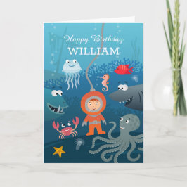 Happy Birthday Cartoon Diver Underwater Life Karte
