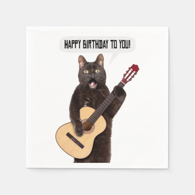 Happy Birthday Cat Gesang und Gitarre spielen Serviette (Vorderseite)