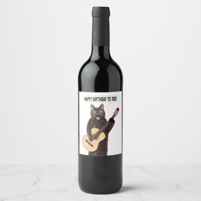 Happy Birthday Cat Singen und spielen Gitarre Holi Weinetikett (Vorderseite)
