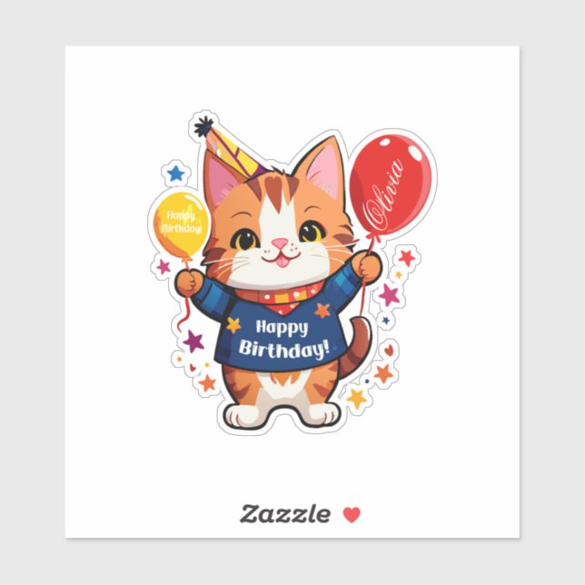 Happy Birthday Cat with Red Balloon Aufkleber (Blatt)