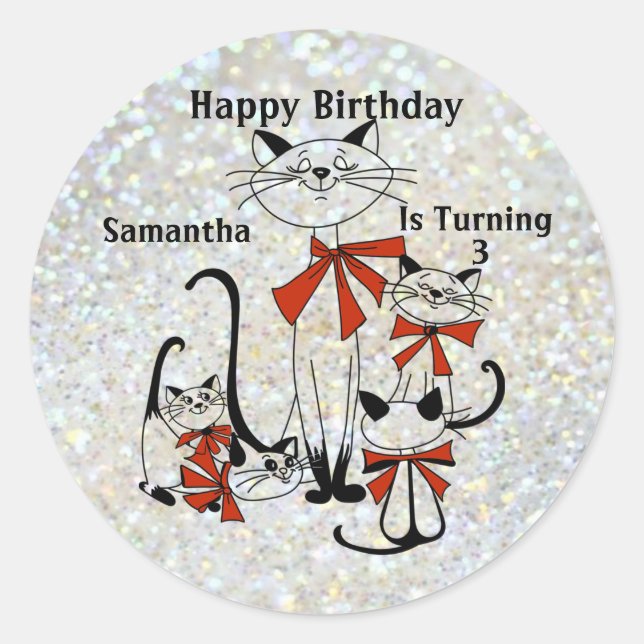 Happy Birthday Cats Family Round Sticker (Vorderseite)