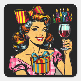 Happy Birthday | Cheers Retro Frau Quadratischer Aufkleber