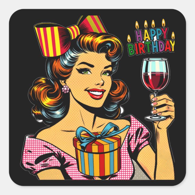 Happy Birthday | Cheers Retro Frau Quadratischer Aufkleber (Vorderseite)