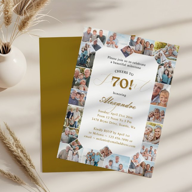 Happy Birthday Cheers To 70 Years Photo Collage Einladung (Happy Birthday Cheers To 70 Years Photo Collage Invitation)