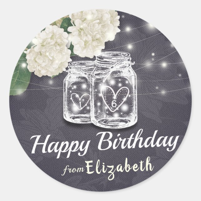 Happy Birthday Chic Mason Jar Blume String Light Runder Aufkleber (Vorderseite)