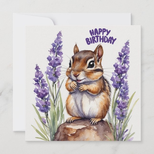 Happy Birthday Chipmunk mit Lavender Blume Karte (Vorderseite)