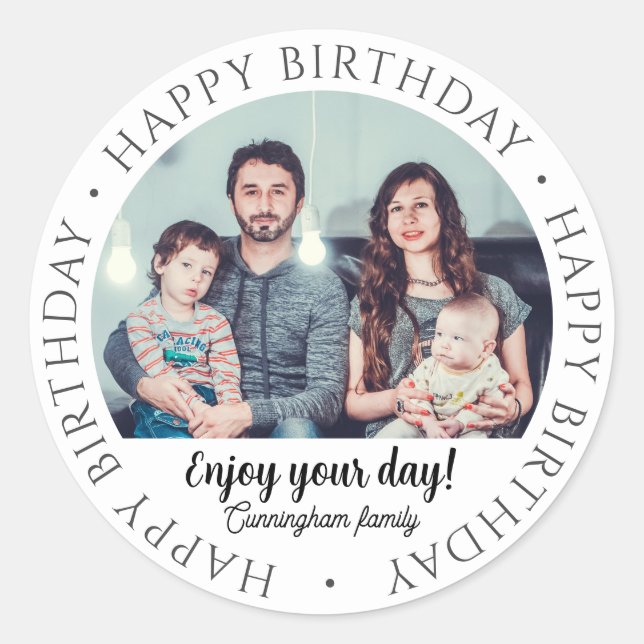 Happy Birthday, Classic Simple Custom Foto Gift Runder Aufkleber (Vorderseite)