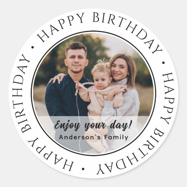 Happy Birthday | Classic Simple Custom Foto Runder Aufkleber (Vorderseite)