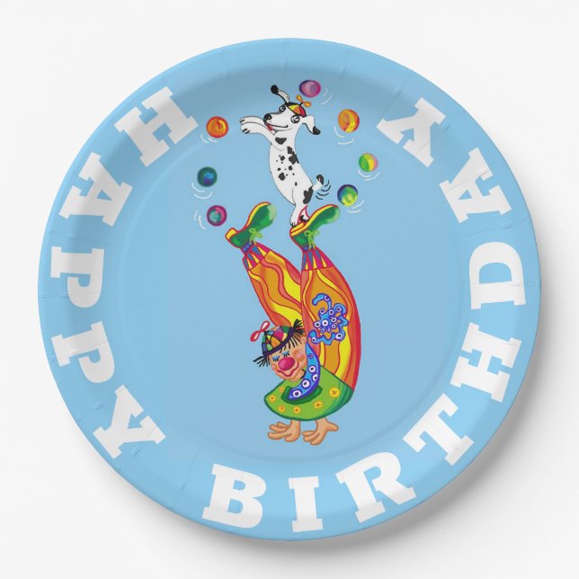 Happy Birthday Clown und Hundejongleur Pappteller (Vorderseite)