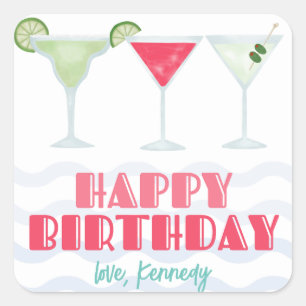 Happy Birthday Cocktail Geschenkaufkleber Quadratischer Aufkleber