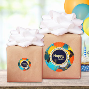 Happy Birthday Colorful 80's Retro Abstrakt Blue Runder Aufkleber