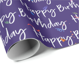 Happy Birthday Confetti auf Lila Geschenkpapier