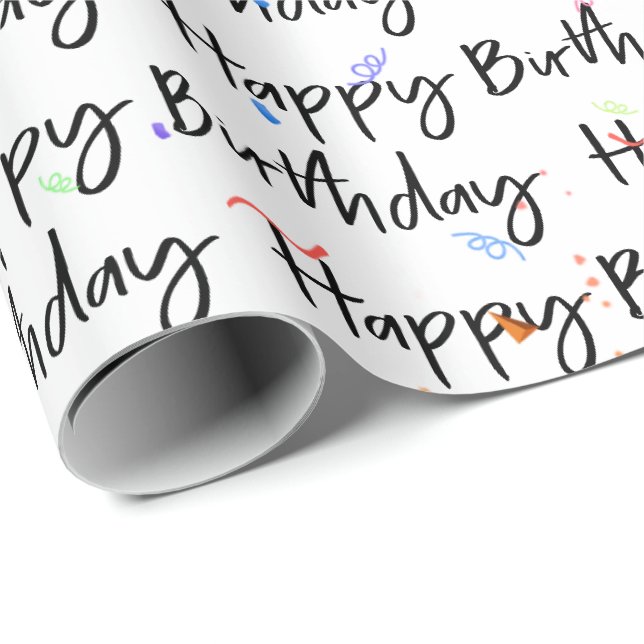 Happy Birthday Confetti auf Weiß Geschenkpapier (Rolleneckpunkt)