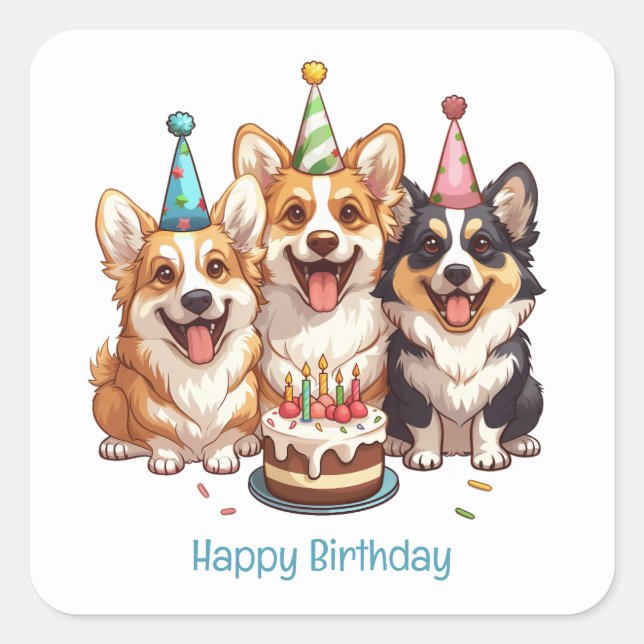 Happy Birthday Corgi Dogs Quadratischer Aufkleber (Vorderseite)