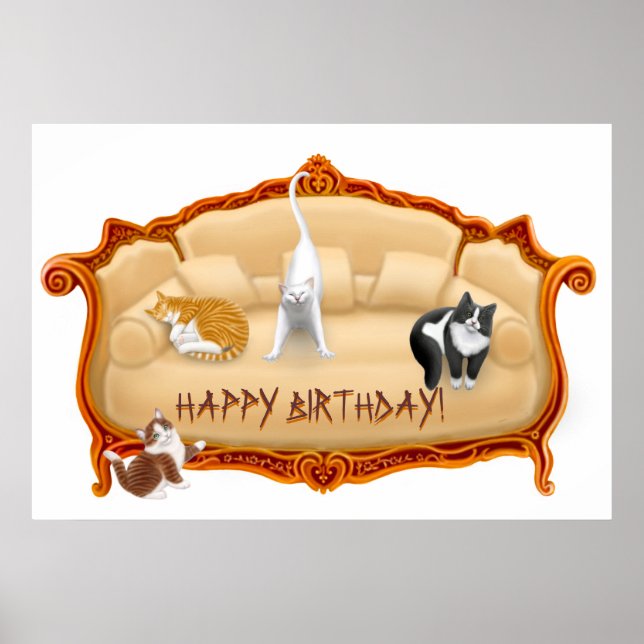 Happy Birthday Couch Cats Print Poster (Vorne)