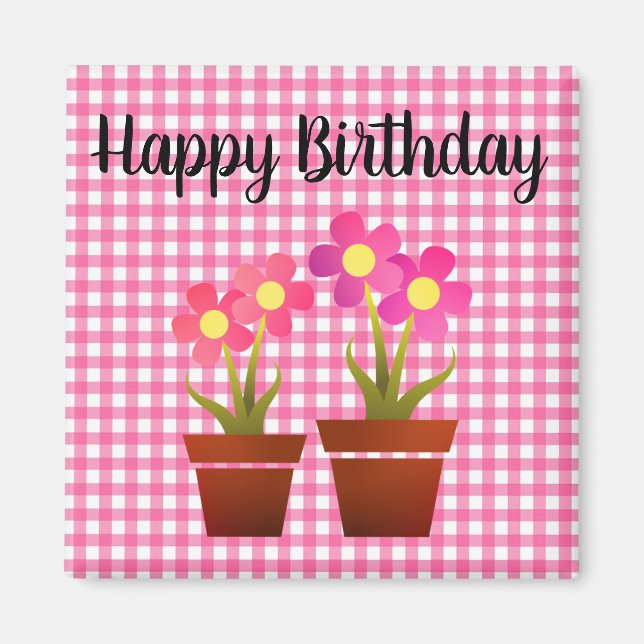 Happy Birthday Country Pink Gingham Floral Magnet (Vorne)