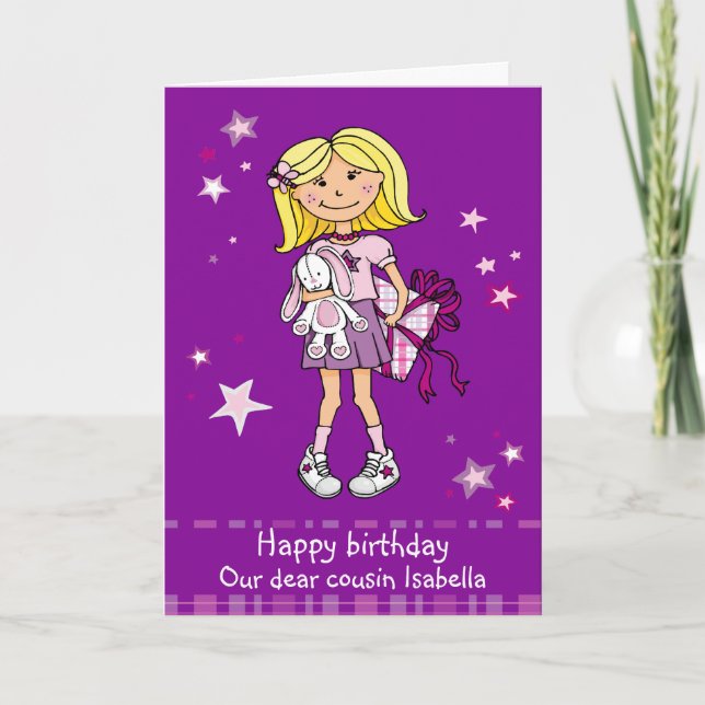 Happy Birthday Cousin blonde Girl lila Karte (Vorderseite)