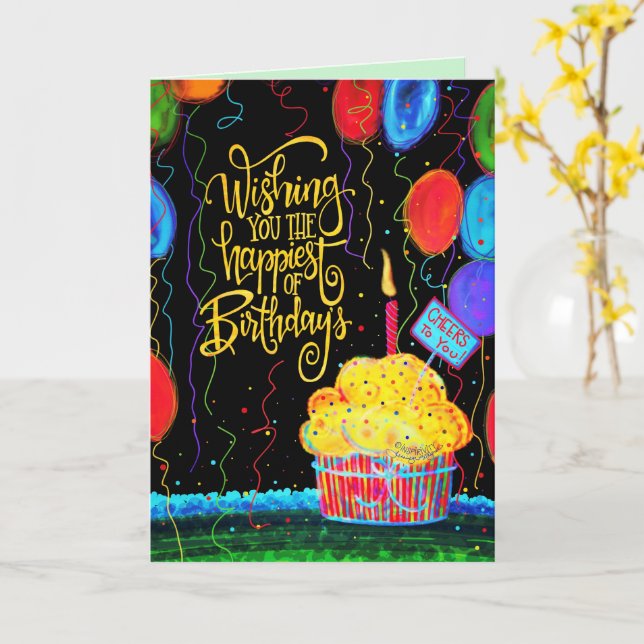 Happy Birthday Cupcake Balloons Kerzenschein Karte (Gelbe Blume)