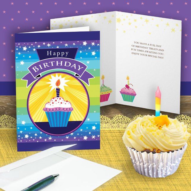 Happy Birthday Cupcake Stars Lila Blue Karte (Von Creator hochgeladen)