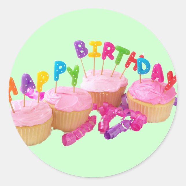 Happy Birthday Cupcake und Candles Runder Aufkleber (Vorderseite)