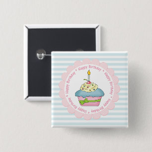 Happy Birthday Cupcakes Blue Streifen mit Rosa Button