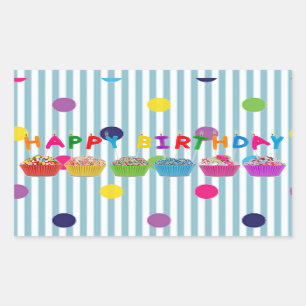 Happy Birthday Cupcakes w/Streifen" Rechteckiger Aufkleber