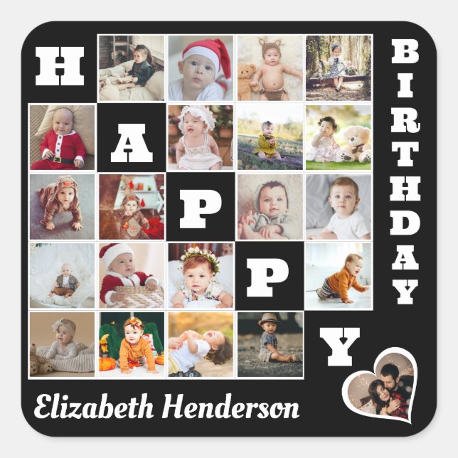 Happy Birthday Custom 21 Foto Collage Geschenk Quadratischer Aufkleber (Vorderseite)