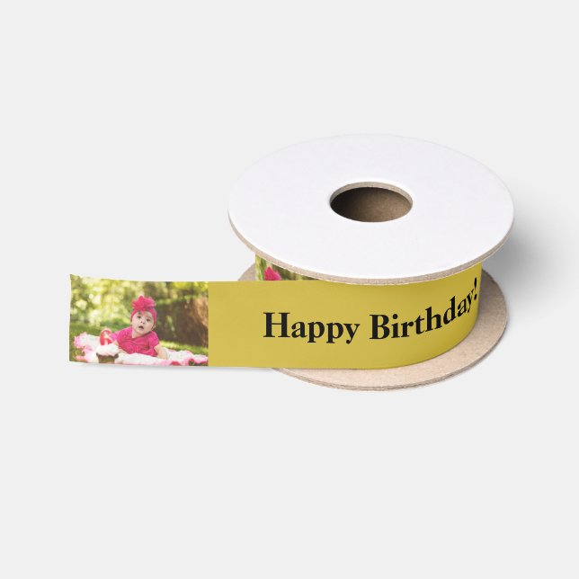 Happy Birthday Custom Foto und Name Gold & Black Satinband (Spule)