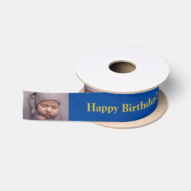 Happy Birthday Custom Foto und Name Gold & Blue Satinband (Spule)